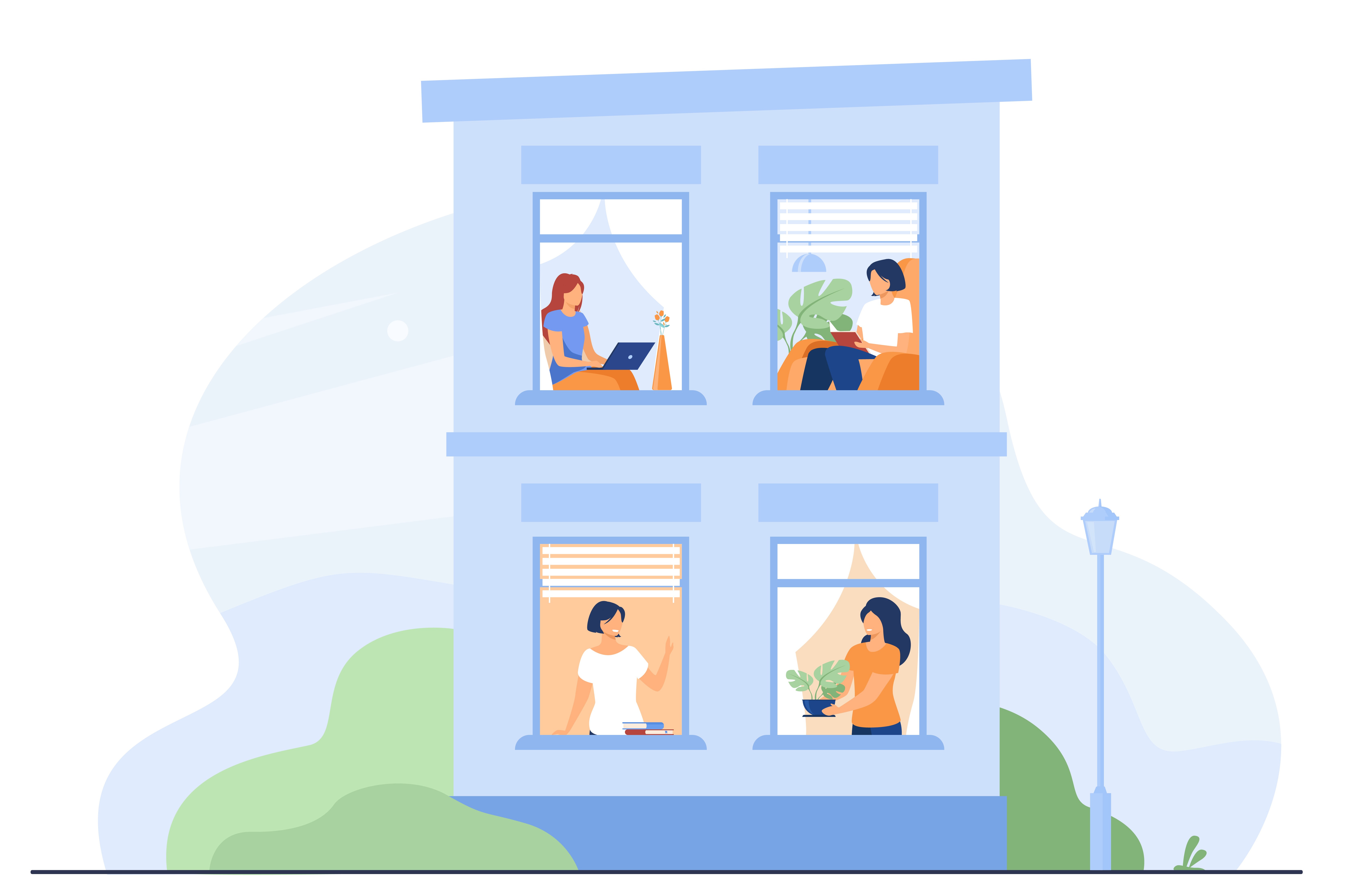 Apartment building with people in windows